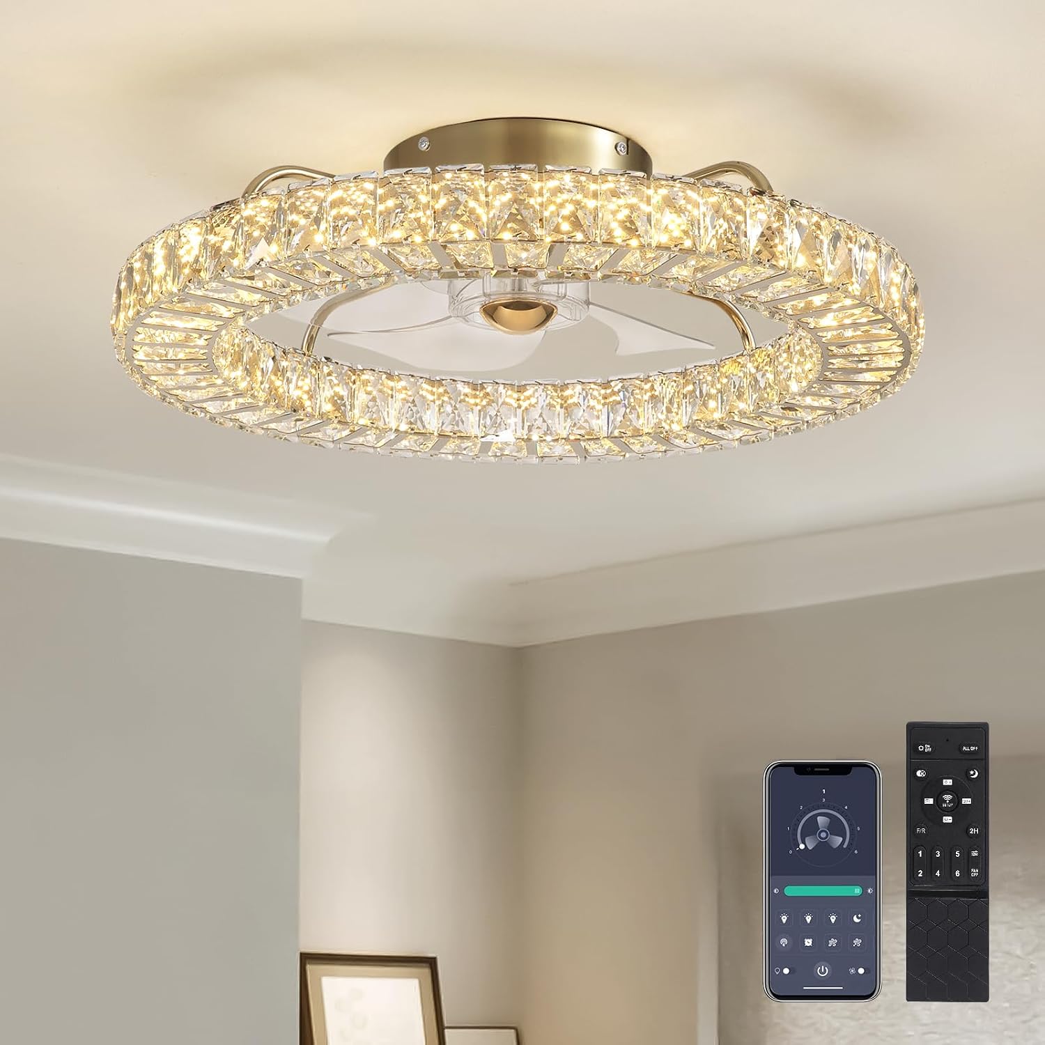 22' Low Profile Flush Mount Ceiling Fan, Ceiling Fan with Light and Remote, Dimmable Fandelier with Crystal Lampshade, Bladeless Enclosed Fan Light-Gold