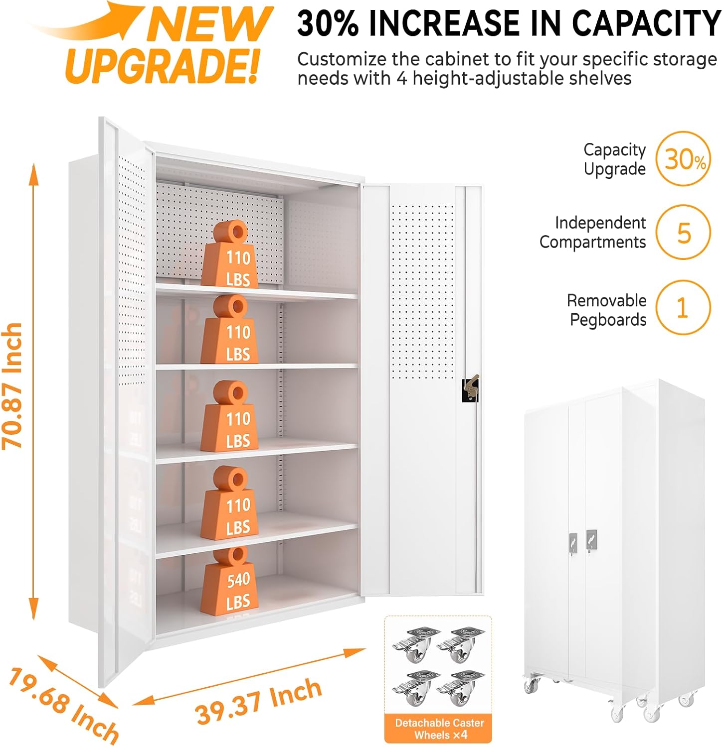 Upgraded Tall & Wide Metal Storage Cabinet with Doors & 4 Adjustable Shelves | Heavy-Duty Black Lockable Garage Cabinet with Wheels & Pegboard for Office, Gym, Basement, Warehouse (White)