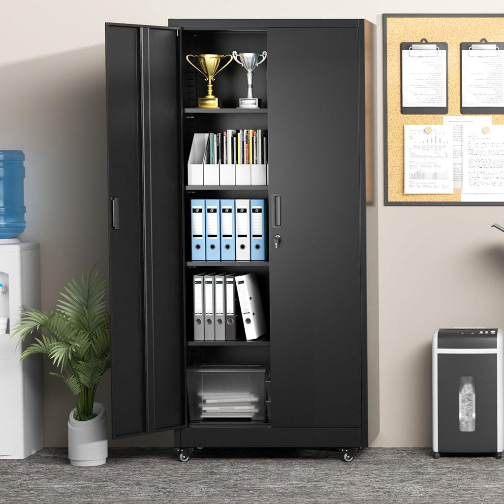 Greenvelly 73' Rolling Storage Cabinet,Black Metal Garage Cabinet with Locking Doors and 4 Adjustable Shelves for Home,Kitchen,Office,Warehouse(32' W x 16' D,Wheels)