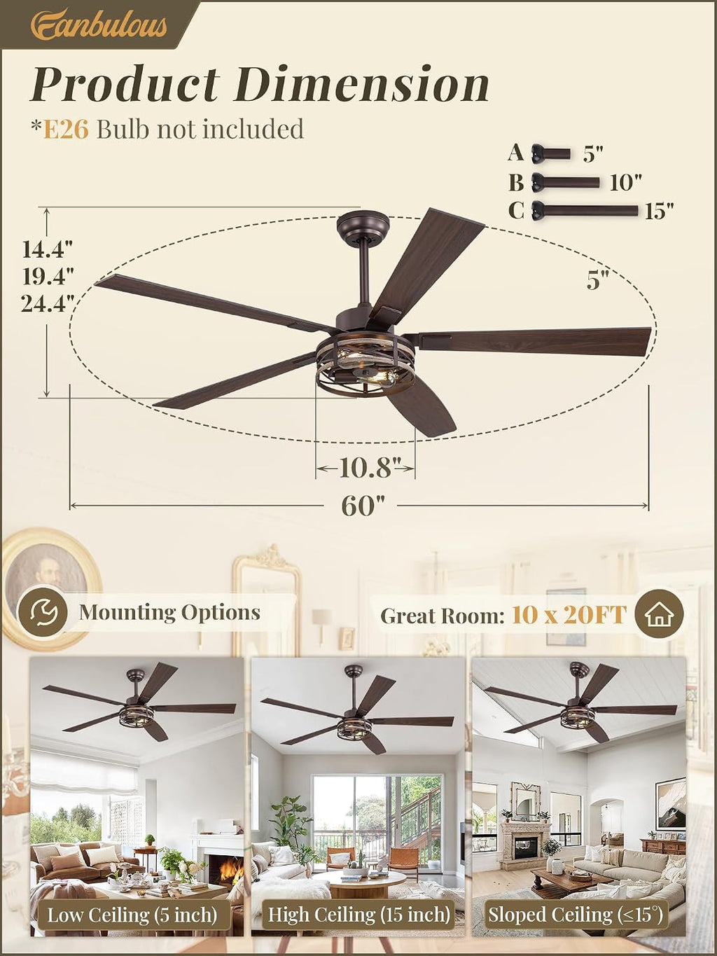 Fanbulous Farmhouse Ceiling Fans with Light, 60 Inch Bedroom Ceiling Fan with Lights, 6-Speed Adjustable, Quiet and Reversible DC Motor, 5 Dual Finish Blades, Rustic Caged Ceiling Fan，Oil Bronze