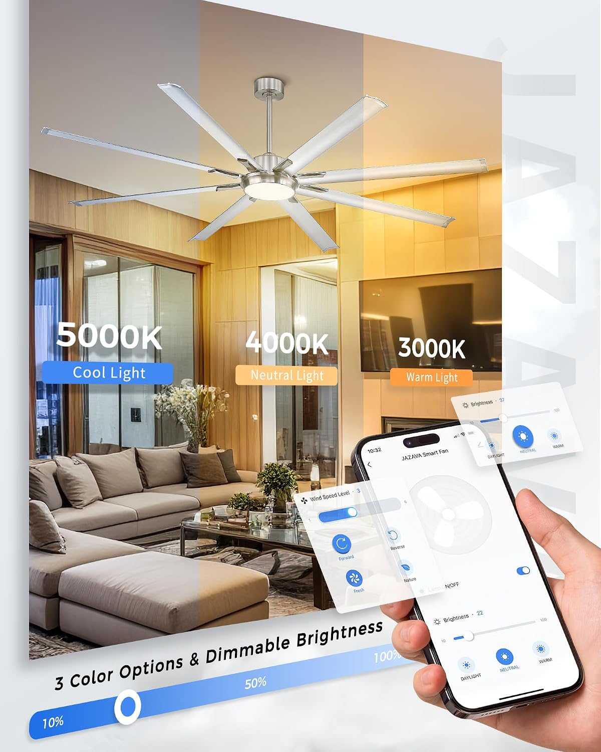 84 Inch Industrial Ceiling Fans with Lights and Remote,Extra Large Indoor Ceiling Fan with 8 Aluminium Metal Blades,Brushed Nickel Ceiling Fan,CF04BN-84