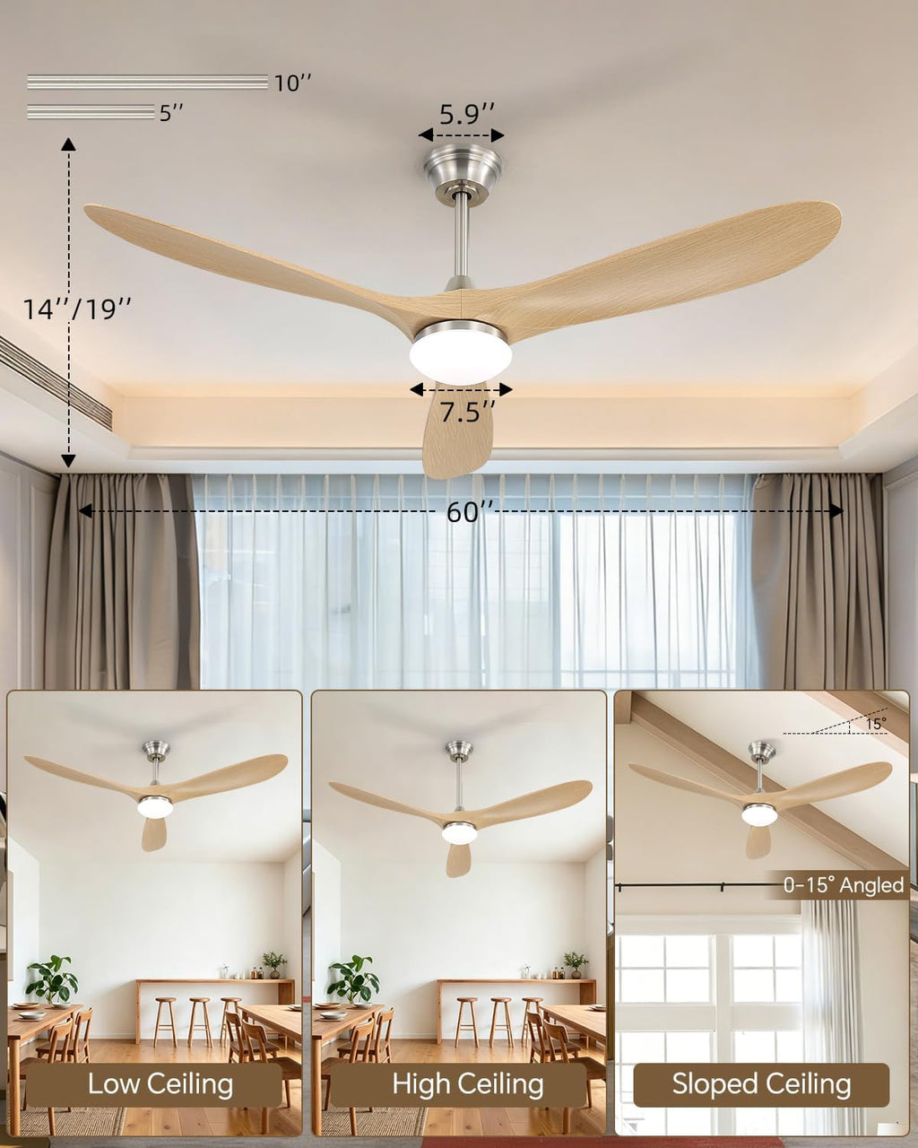 Sofucor 60 Inch Smart Ceiling Fans with Lights-Outdoor Modern Smart Ceiling Fan with Alexa/Google/APP/Remote Control, Reversible Quiet DC Motor,ABS Blade Ceiling Fan for Living Room/Porch/Great Rooms