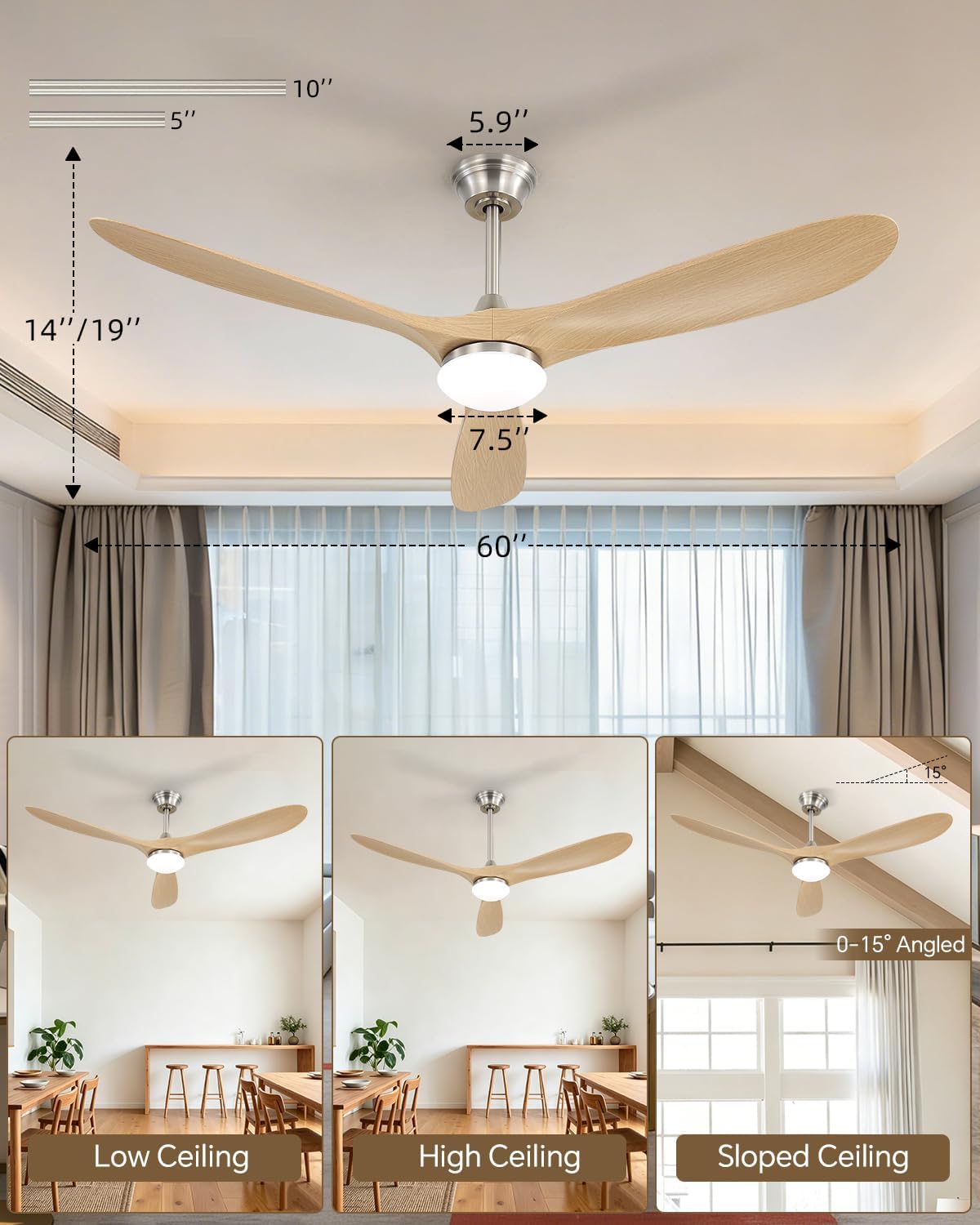 Sofucor 60 Inch Smart Ceiling Fans with Lights-Outdoor Modern Smart Ceiling Fan with Alexa/Google/APP/Remote Control, Reversible Quiet DC Motor,ABS Blade Ceiling Fan for Living Room/Porch/Great Rooms