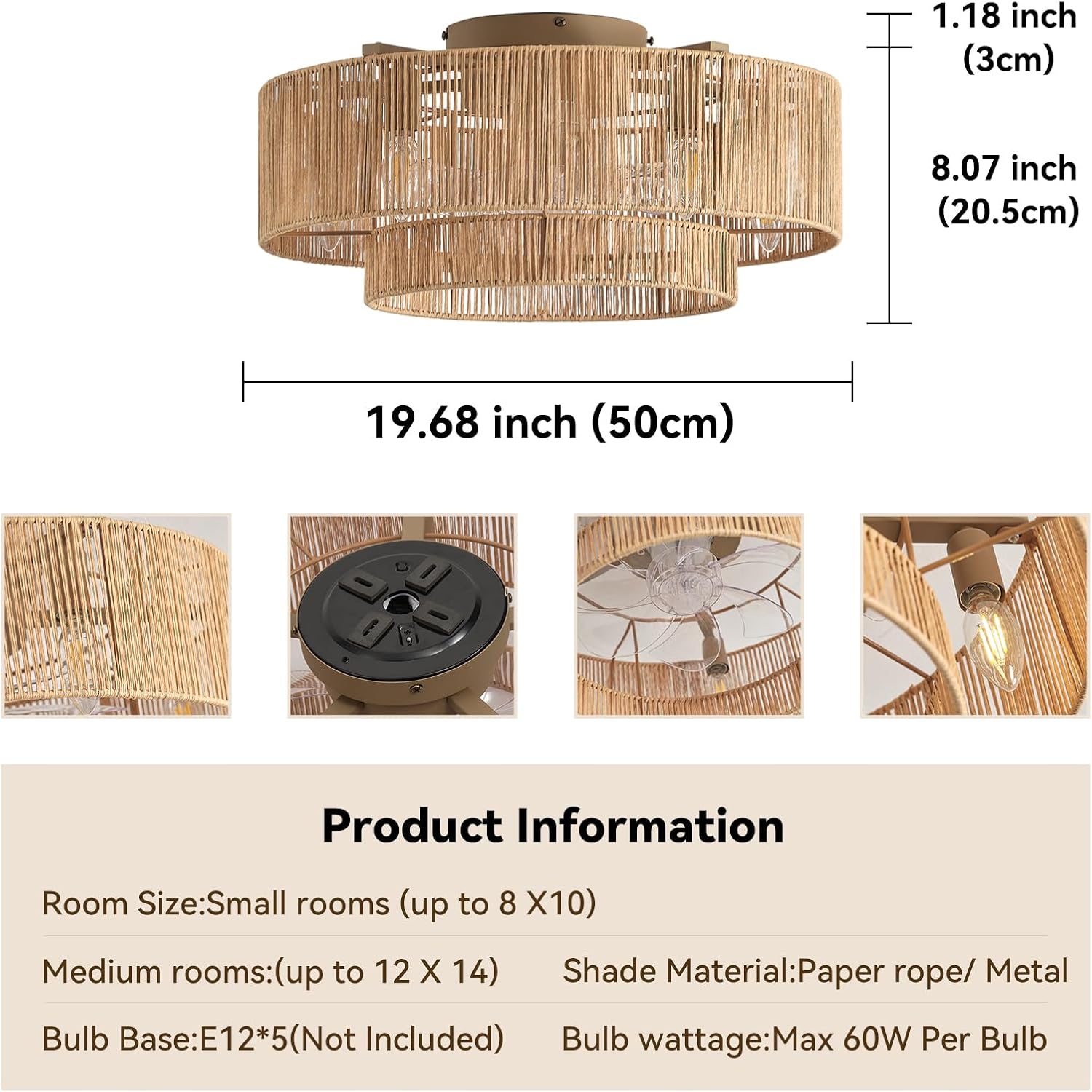 20'' Rattan Boho Ceiling Fan with Light, Enclosed Caged Ceiling Fans with Lights and Remote Control, Coastal Flush Mount with Reversible 6 Speeds for Living Room Bedroom Kitchen