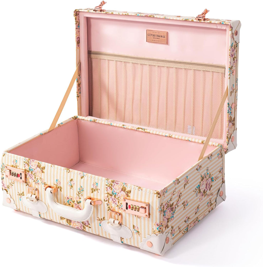 COTRUNKAGE Large 20' Carry On Suitcase Cute Pu Overnight Vintage Trunk Luggage Bag for Women with Combination Locks, Beige Floral