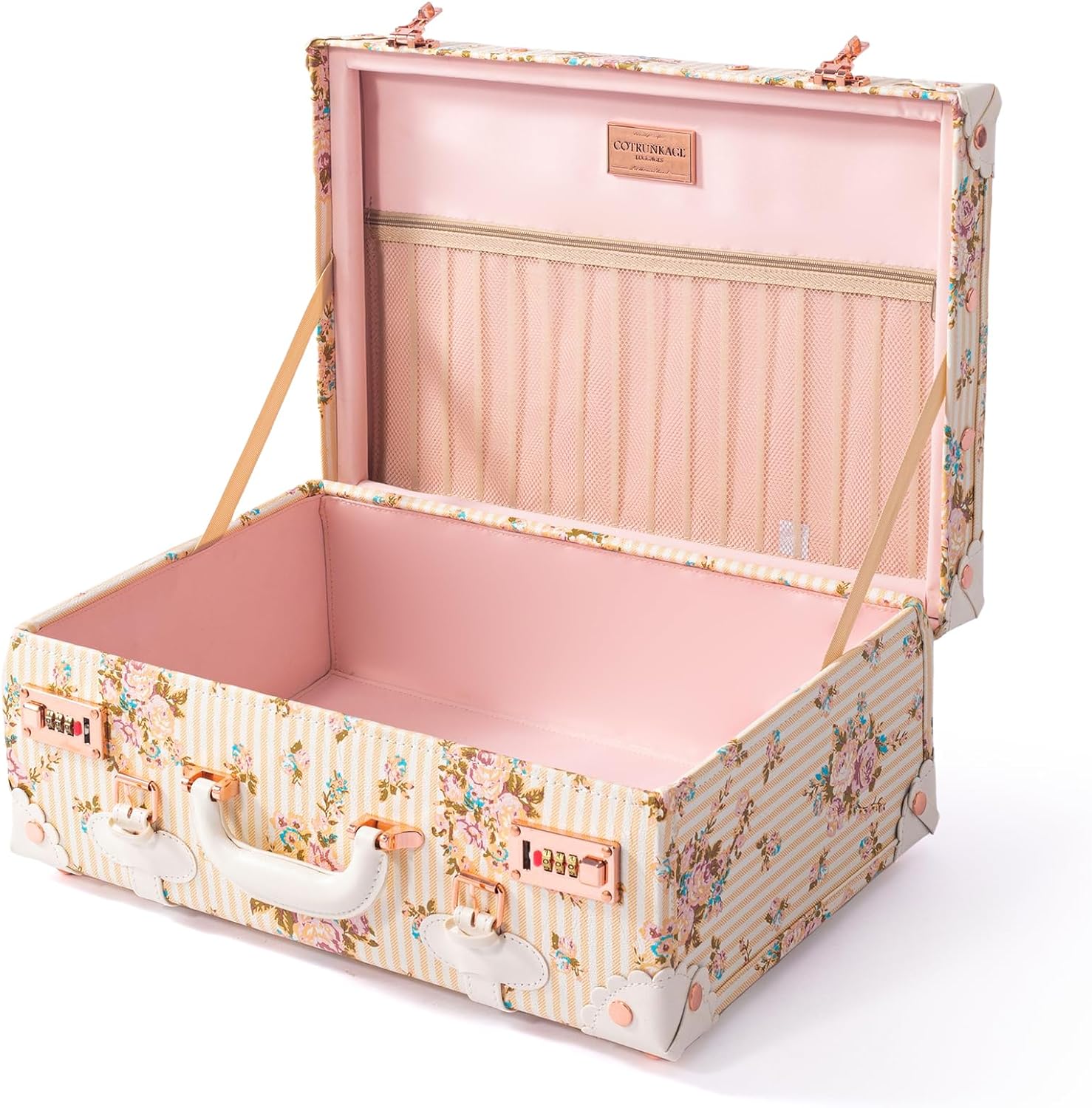 COTRUNKAGE Large 20' Carry On Suitcase Cute Pu Overnight Vintage Trunk Luggage Bag for Women with Combination Locks, Beige Floral