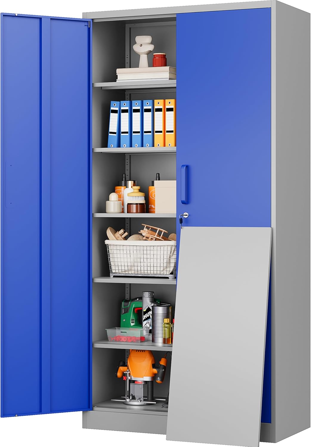 Metal Cabinet with 5 Adjustable Shelves,6 Tier Garage Storage Cabinet with Lock,Gray Blue Metal Storage Cabinet with Locking Doors,Steel Cabinets,71' Lockable Storage Cabinets for Home,Office,Garage