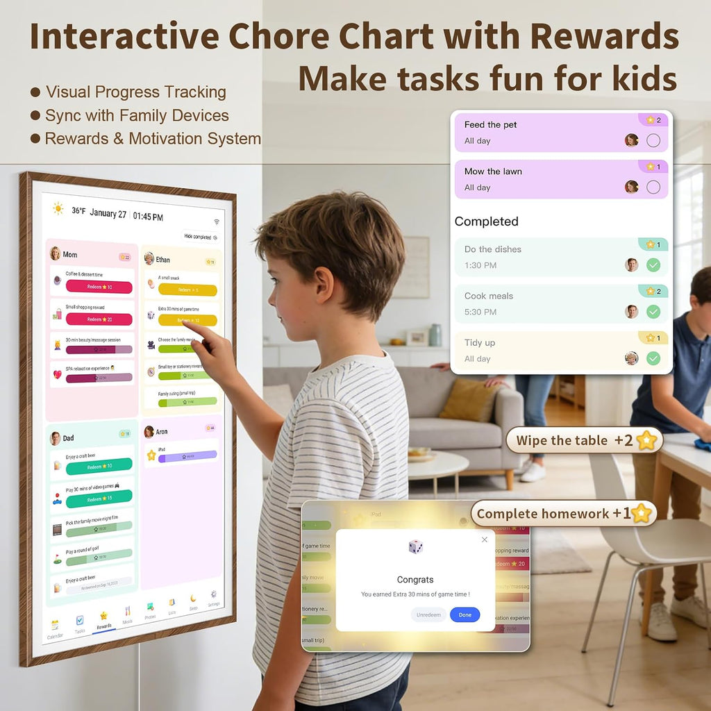 32 Inch Digital Calendar Chore Chart with Touchscreen - Full HD Interactive Display, Wall & Desk Mountable Family Planner, to-Do List & Meal Planner, Digital Picture Frame Gifts for Women Mom