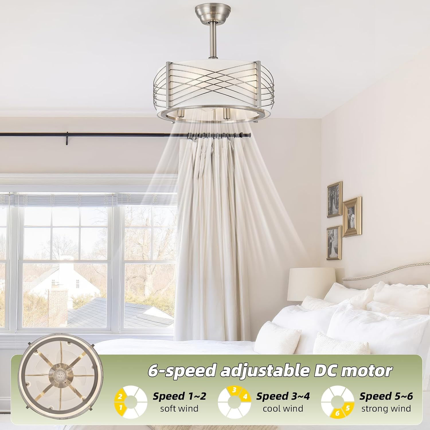 20' Fandelier Ceiling Fans with Lights, Silver Caged Boho Ceiling Fan with Light Remote Control, Mid-Century Modern with 6 Speeds for Bedroom, Nursery, Living Room