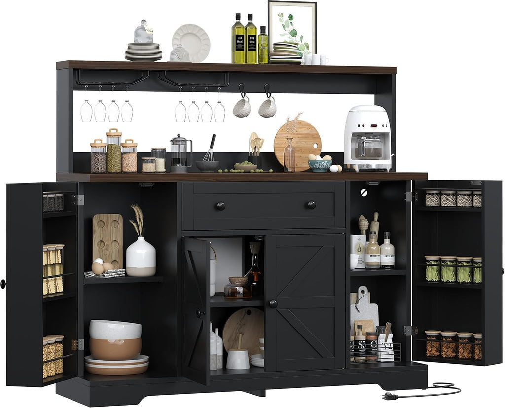 VVFLU Hutch Storage Buffet Cabinet with Drawers, and Charging Station, Coffee Bar Cabinet with Barn Doors, Wine Rack and Hooks, White Wood Sideboard Buffet for Kitchen, Dining Room, 47.8' High