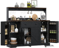 VVFLU Hutch Storage Buffet Cabinet with Drawers, and Charging Station, Coffee Bar Cabinet with Barn Doors, Wine Rack and Hooks, White Wood Sideboard Buffet for Kitchen, Dining Room, 47.8' High