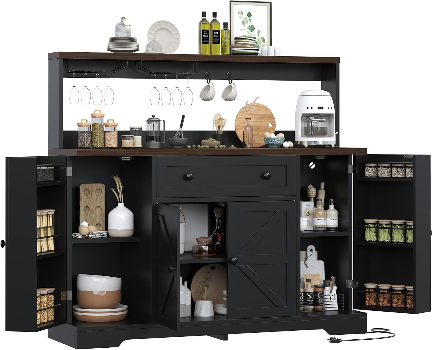 VVFLU Hutch Storage Buffet Cabinet with Drawers, and Charging Station, Coffee Bar Cabinet with Barn Doors, Wine Rack and Hooks, White Wood Sideboard Buffet for Kitchen, Dining Room, 47.8' High
