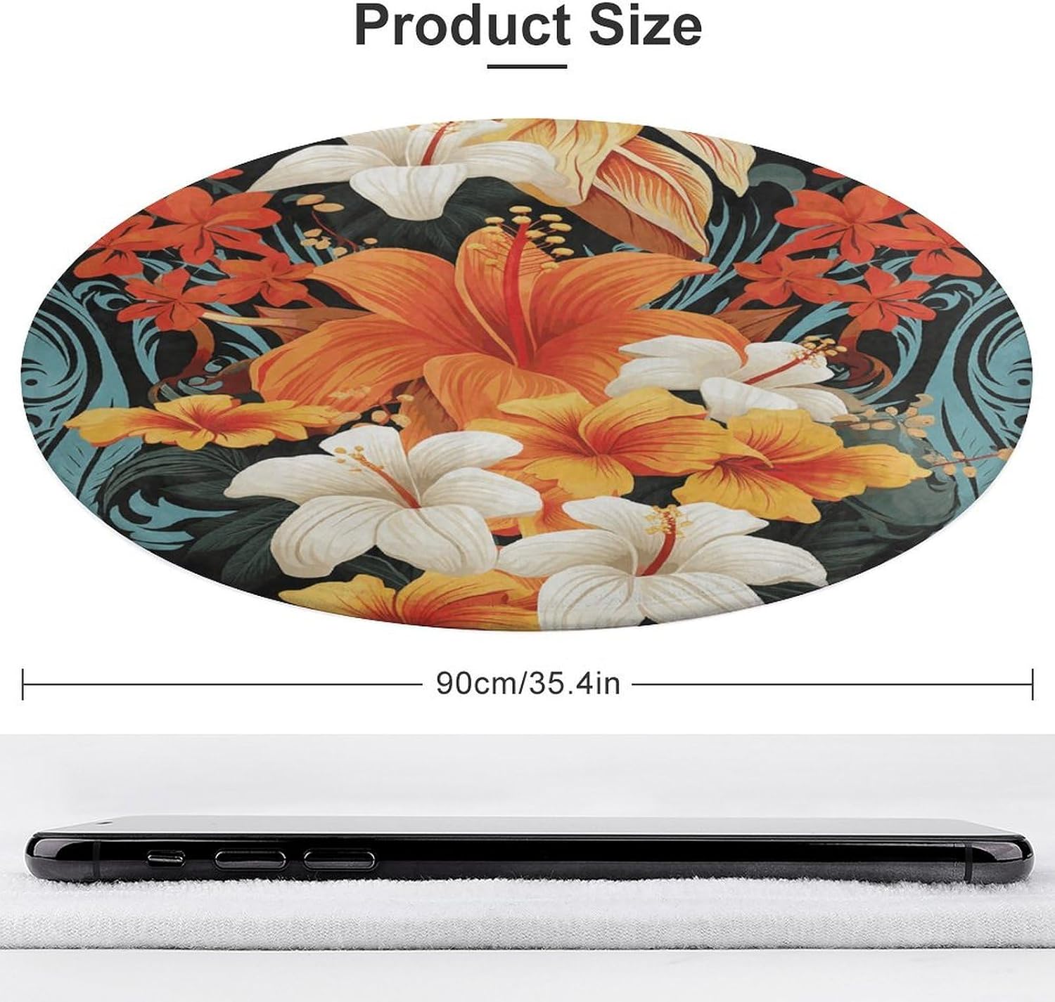 Flowers and Hawaiian Tribal Patterns on Black Background Coral Velvet Round Floor Mat Non-Slip Bath Rug Floor Covering for Bathroom Vanity Guest Suite & Vacation Home