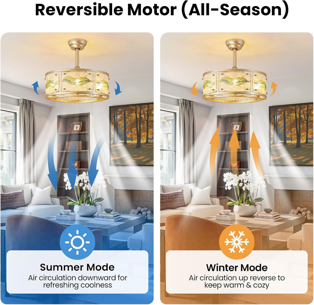 AIJIASI Gold Fandelier Ceiling Fans with Lights, 20' Caged Ceiling Fan with Light and Remote Control, Chandelier Ceiling Fan Low Profile with 6 Speeds for Bedroom, Living Room, Nursery