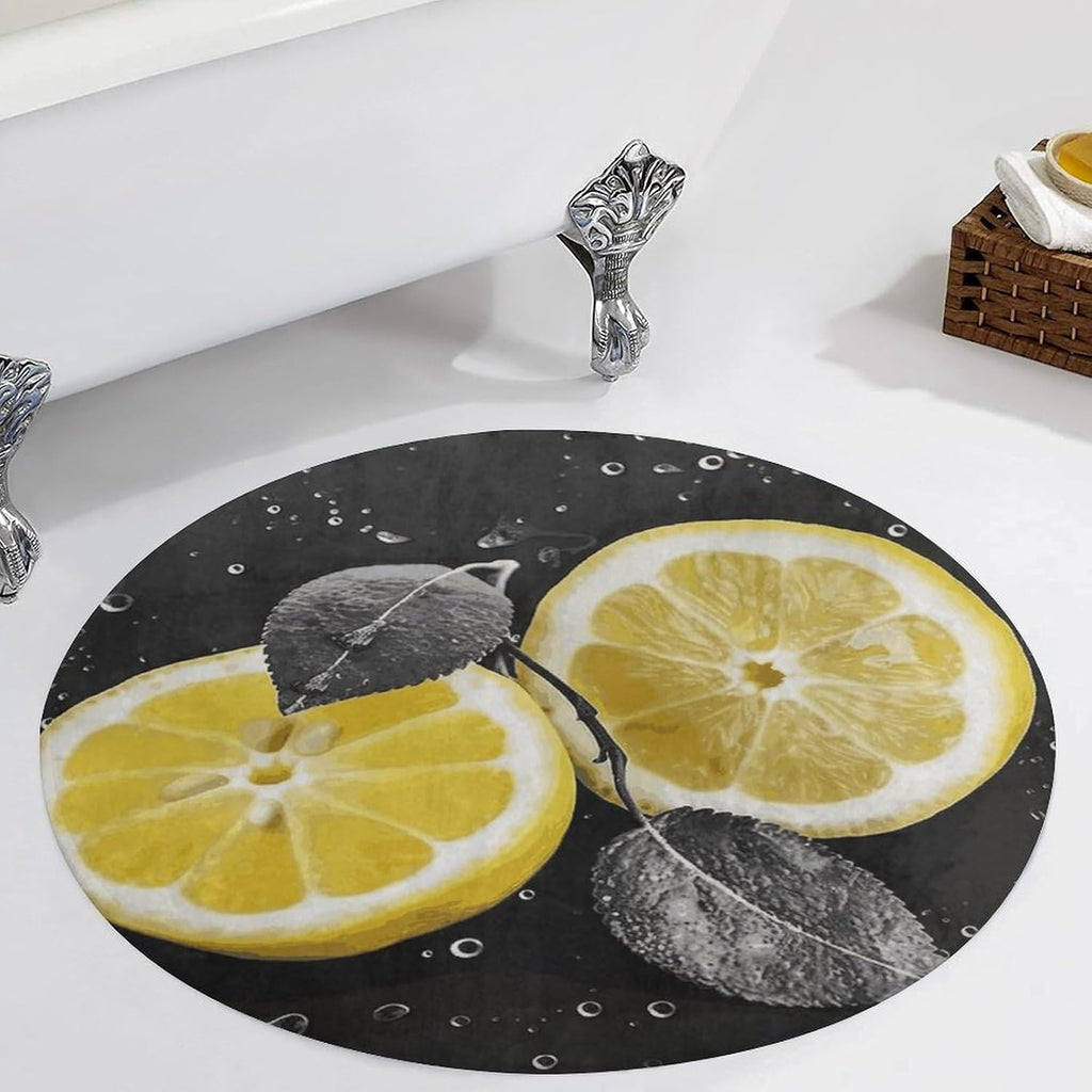 Lemon with on Black and White Coral Velvet Round Floor Mat Non-Slip Bath Rug Floor Covering for Bathroom Vanity Guest Suite & Vacation Home