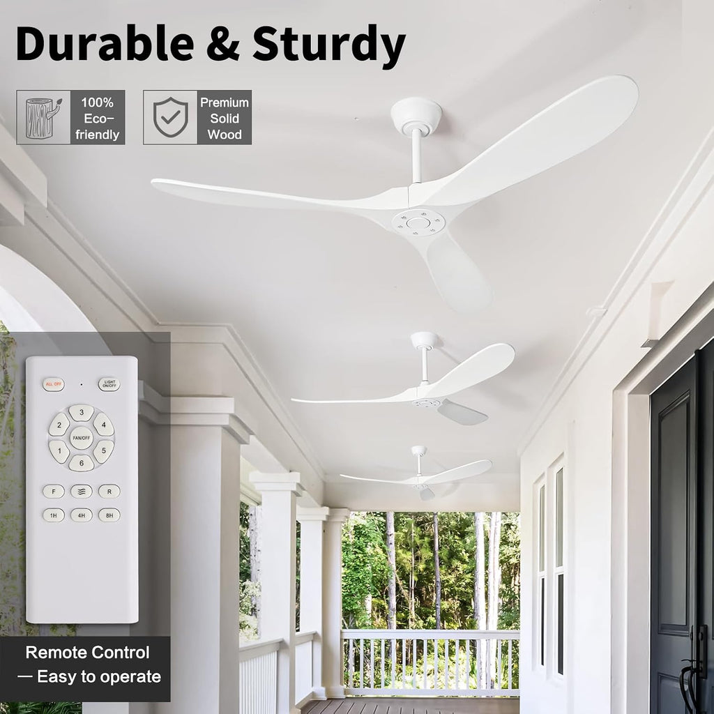 72 Inch White Ceiling Fan No Light ，Wood Outdoor Ceiling Fans for Patios Living Room Garage Kitchen Mid Century Modern Exterior Extra Large Ceiling Fan Without Light with Downrod