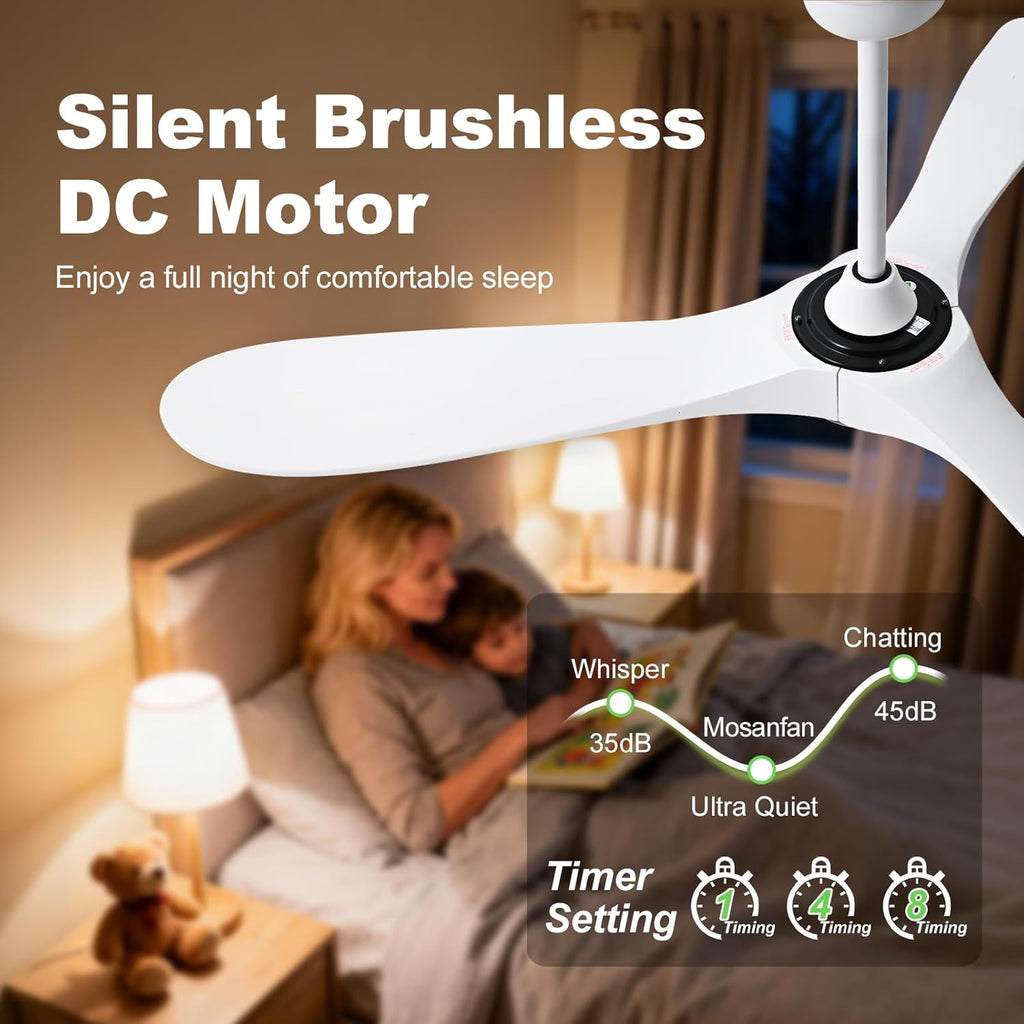60'' Ceiling Fans with Lights and Remote, Wood Outdoor Ceiling Fan with 6 Speed Noiseless DC Motor, Indoor Modern 3 Blade Propeller Ceiling Fan for Bedroom Living Room Gazebo Patio (White)