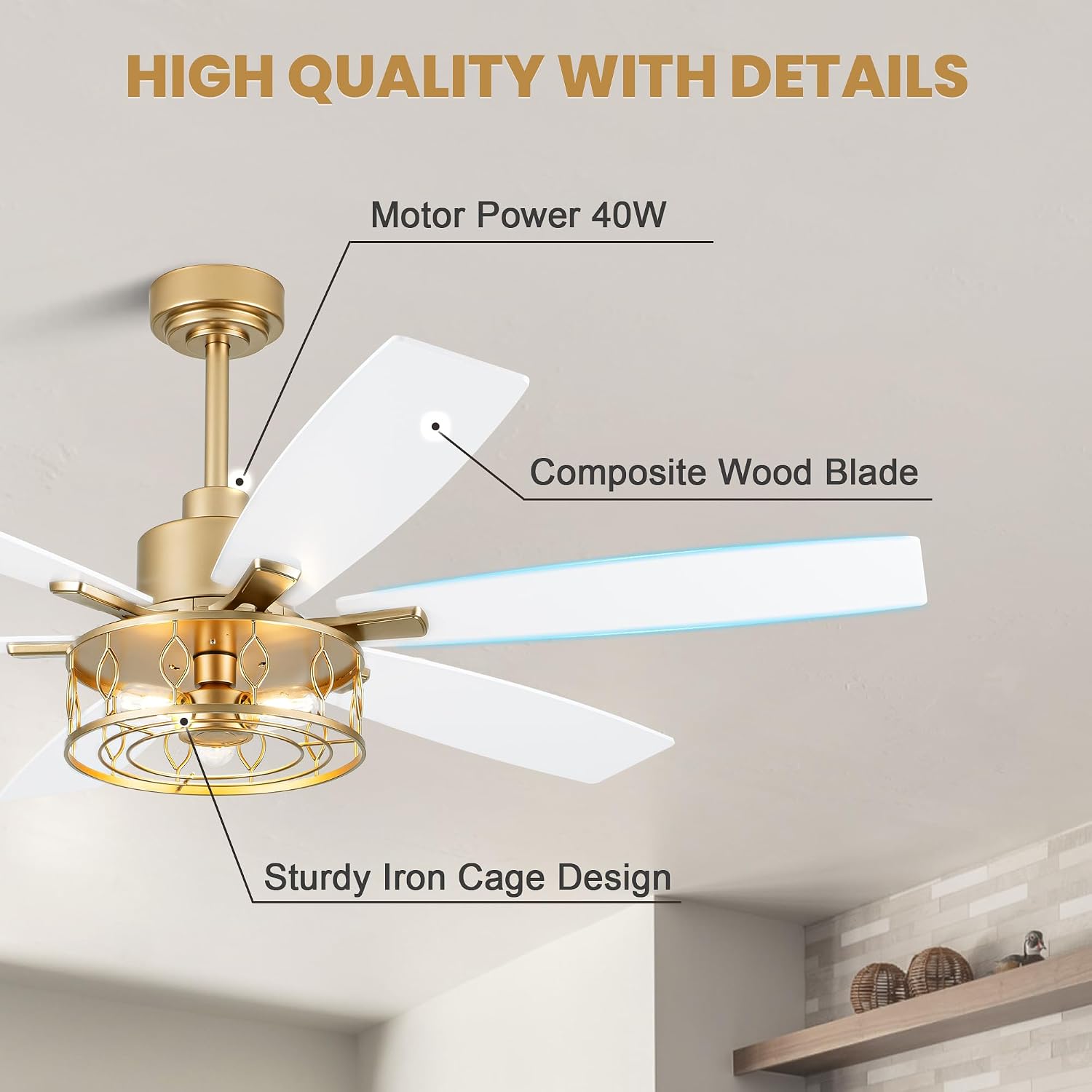 Dawn Whisper 60 Inch Ceiling Fans with Lights Gold Ceiling Fans with Remote Quiet Reversible DC Motor 6 Speeds Large Industrial Chandelier Fan for Living Room Bedroom