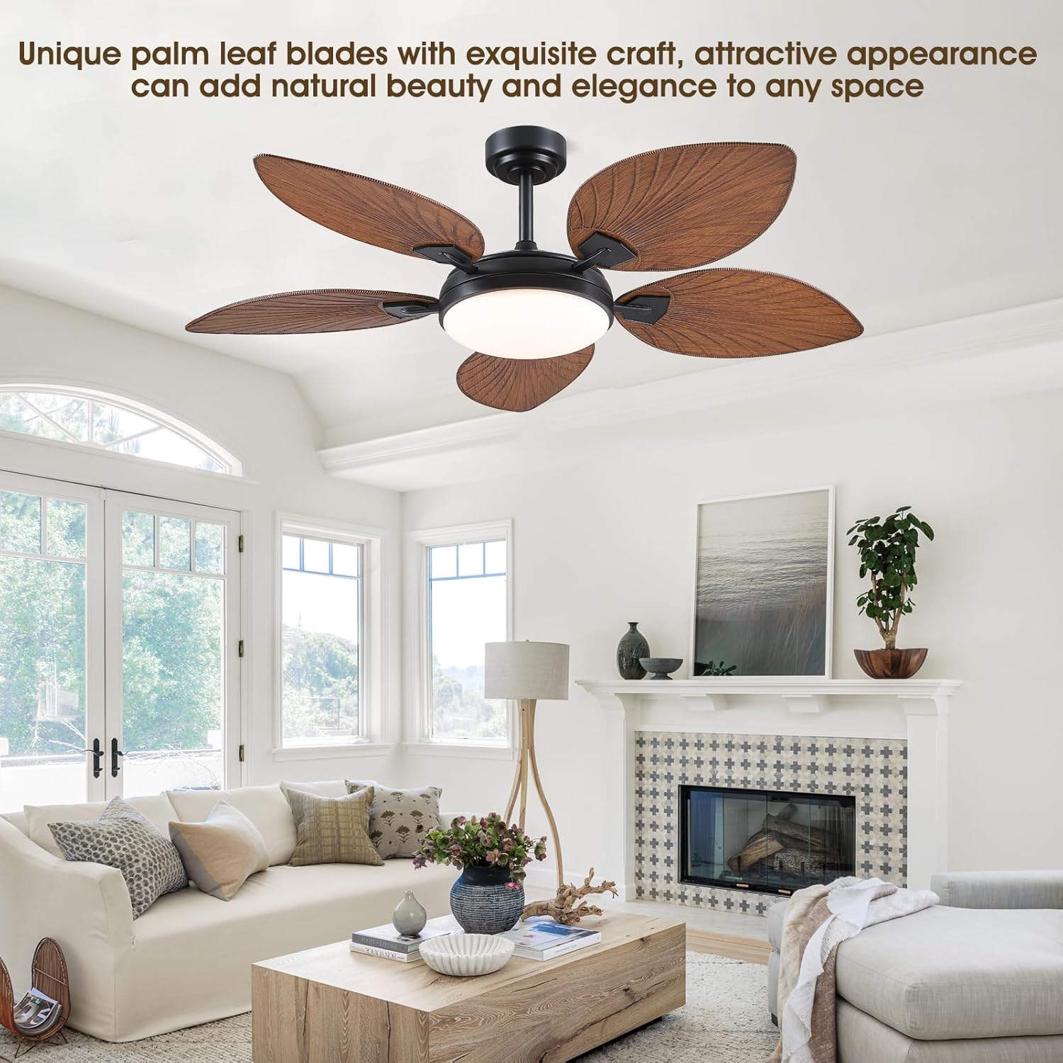 PHORUS 52' Tropical Outdoor Ceiling Fans with Lights and Remote,Palm Leaf Ceiling Fan for Patios Porch Patio, Dimmable, 6 Speeds, Reversible, Dark Brown