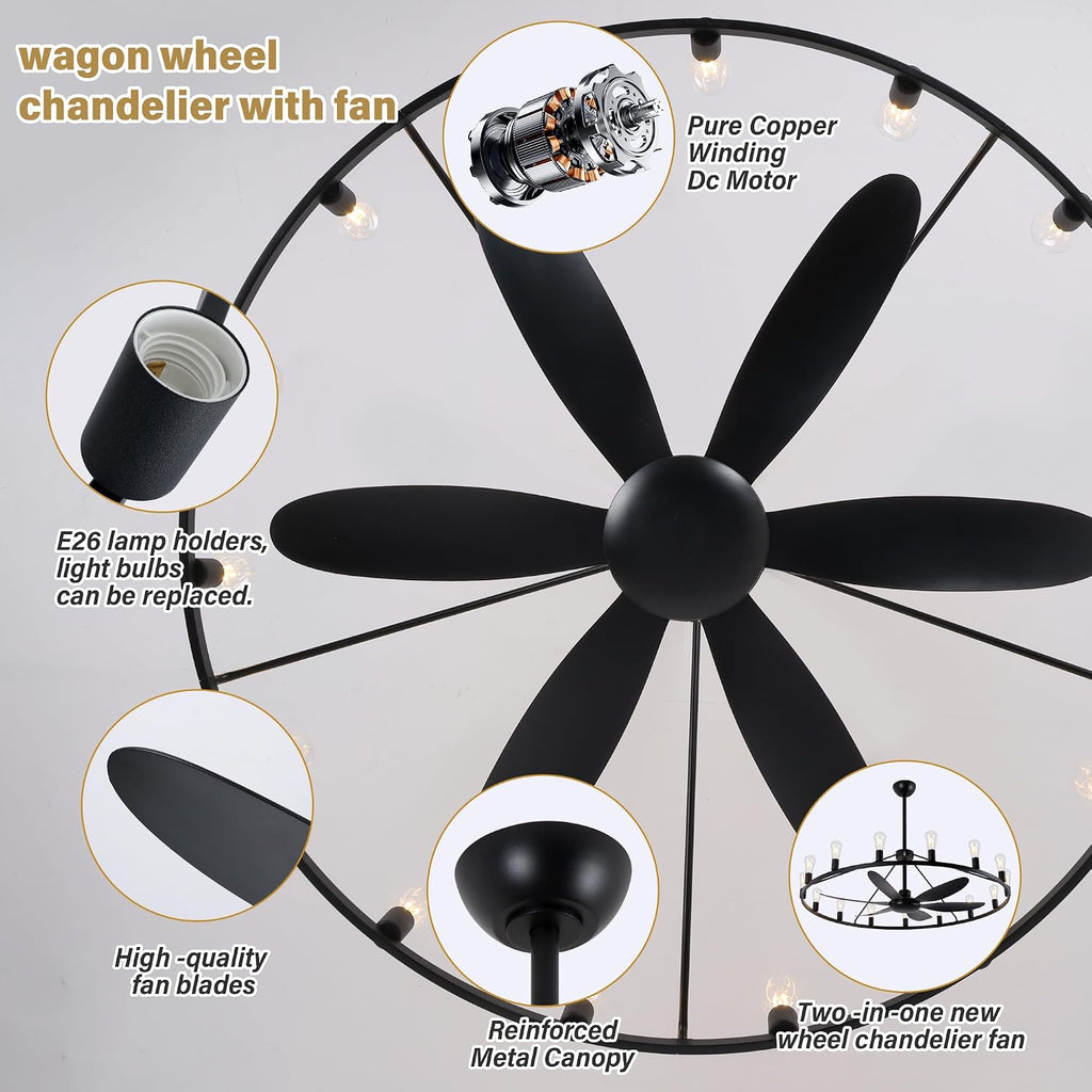 Miuyhji Rustic Ceiling Fan with Lights Wagon Wheel Style,Dining Room Light Fixture with Fan,15 Light Chandelier Fans,50 in Matte Black Farmhouse Fandelier for Large Space 100-300 Sqare Feet