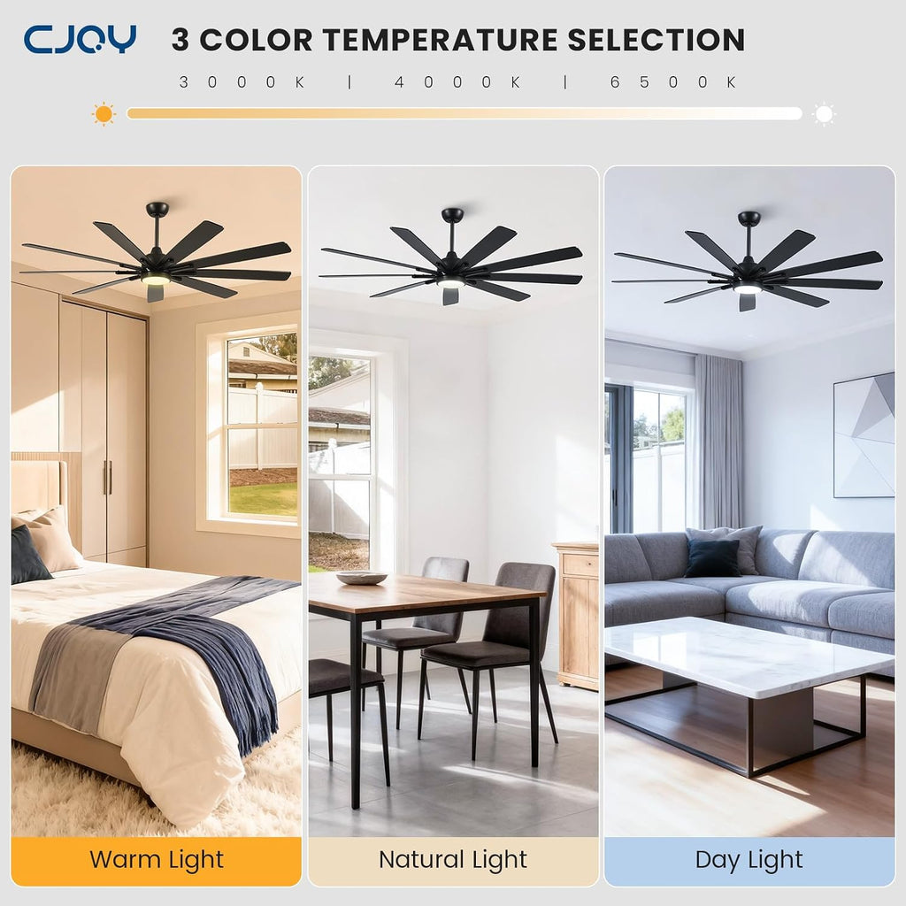 72 Inch Ceiling Fan with Light，Indoor/Outdoor Large Ceiling Fans with Lights for Kitchen Living Room Patio,8 Blade Black Reversible Quiet DC Motor,6 Speeds, Dimmable，3 CCT(Dual Finish)
