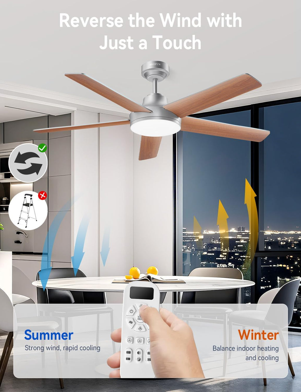 AKOFUN Ceiling Fans with Lights and Remote, Low Profile Ceiling Fan with Light, 6 Speed, Dimmable, DC Motor, Quiet, Timer, Modern LED Ceiling Fan for Bedroom Living Room 52 inch, Silver