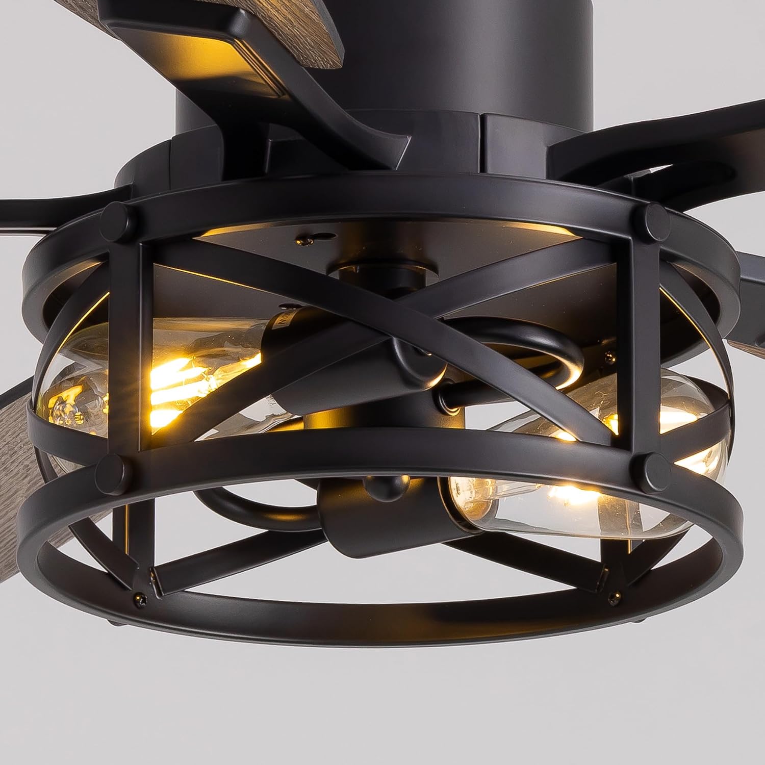 50 Inch Flush Mount Black Caged Ceiling Fan with Lights, Low Profile Farmhouse Ceiling Fan for Bedroom Living Room and Patio, Ceiling Fans and Remote Control for Indoor and Outdoor