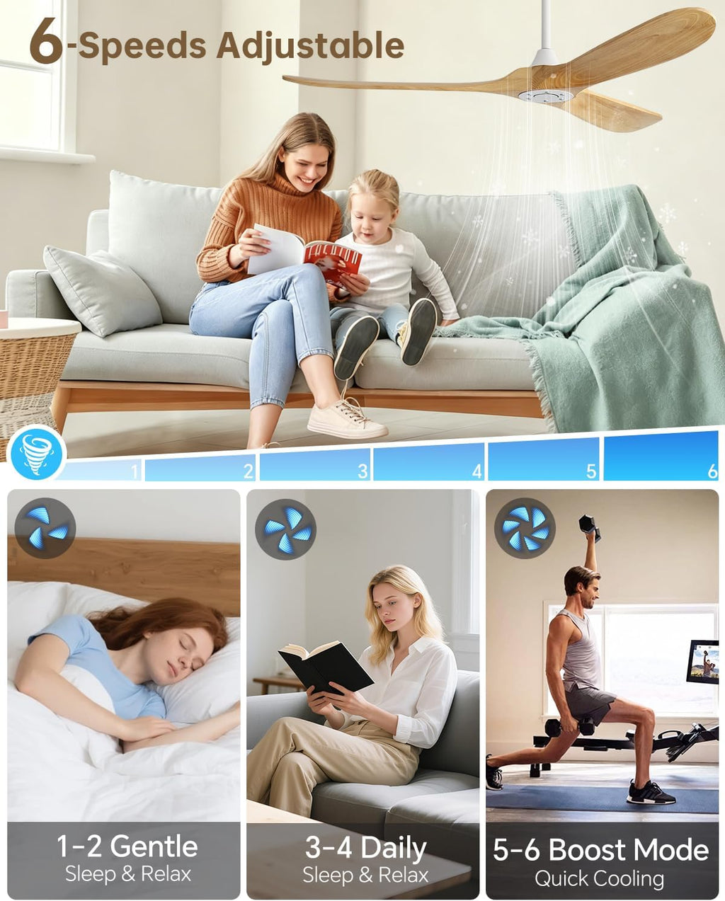 Sofucor 60 Inch Smart Ceiling Fans No Lights-Outdoor Modern Smart Ceiling Fan with Alexa/Google/APP/Remote Control, Reversible Quiet DC Motor, Wood Blades Ceiling Fan for Living Room/Bedroom/Patios