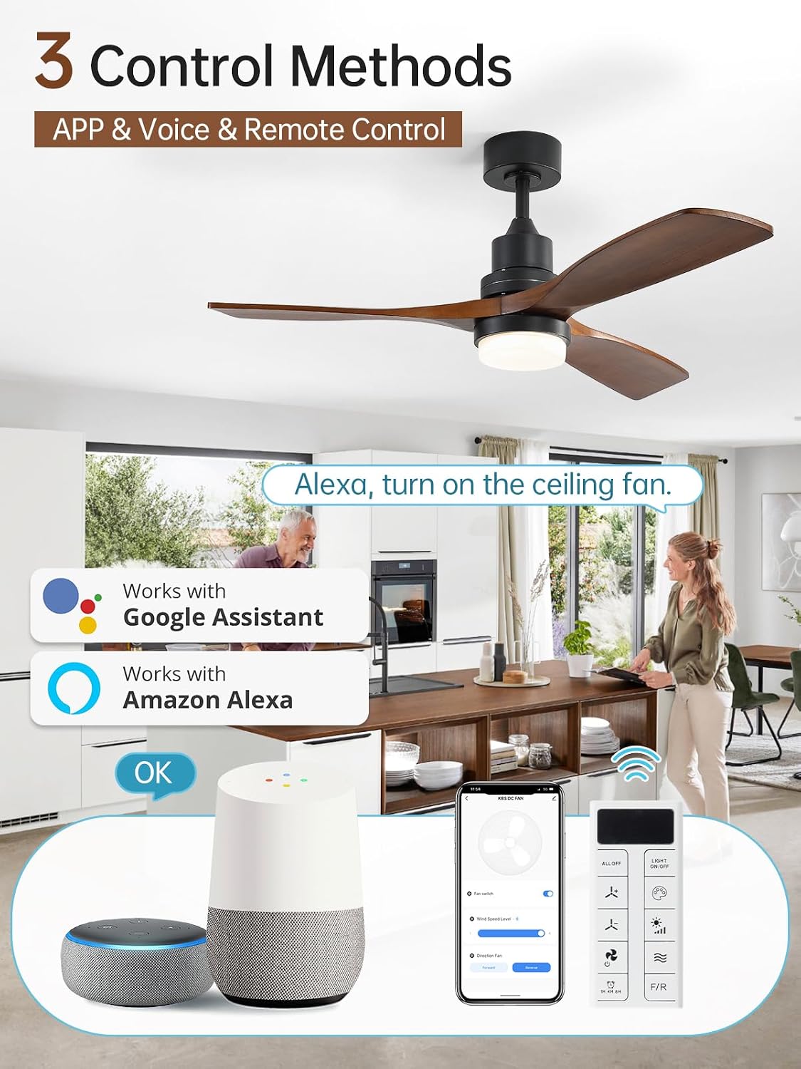 Sofucor 52 Inch Smart Ceiling Fans with Lights and Alexa/Google Assistant/APP/Remote Control-Modern Solid Wood Outdoor Walnut 3 Blades Ceiling Fan for Bedroom Living Room Farmhouse Patio, Brown Black