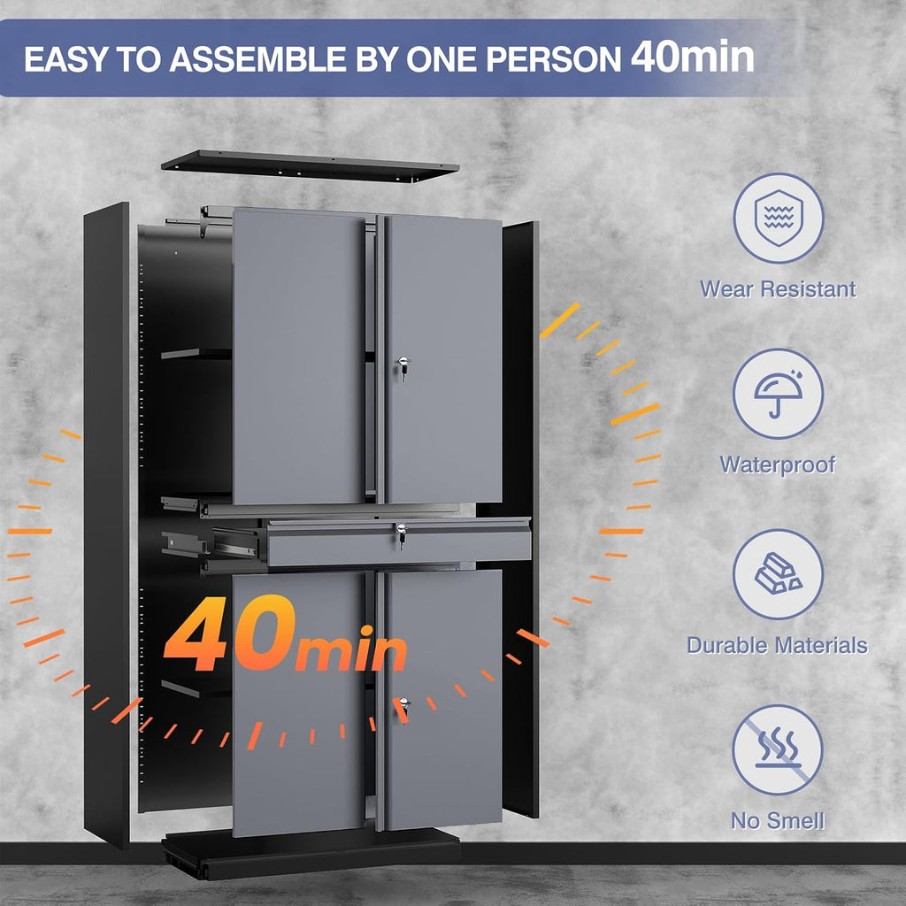 Metal Storage Cabinet with Drawer, Garage Storage Cabinet with Locking Doors and Adjustable Shelves for Garage, Home Office,Warehouse