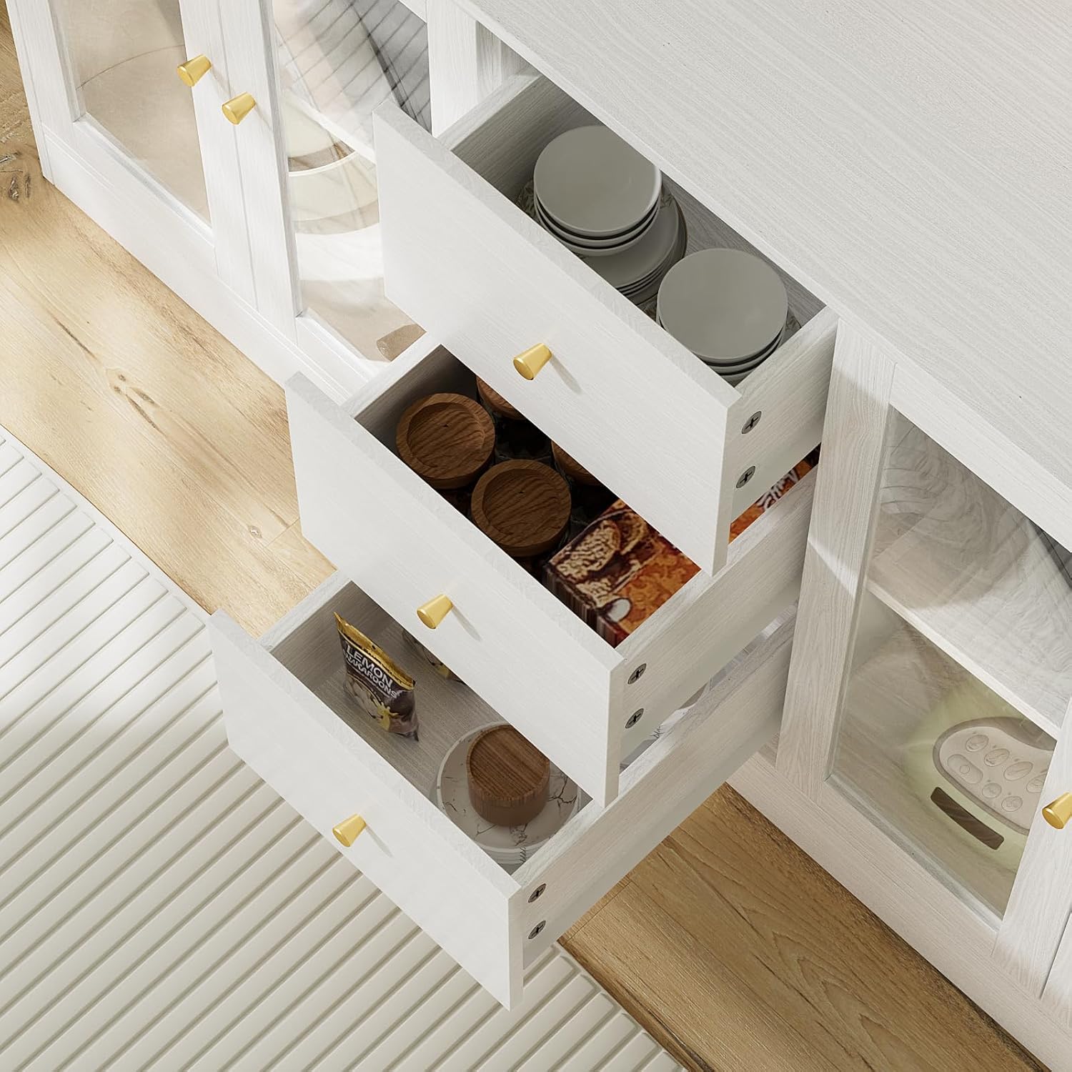 VOWNER Large Kitchen Hutch Cabinet, Kitchen Pantry Storage Cabinet with 6 Glass Doors, 3 Drawers & Microwave Shelf, Freestanding Cupboard for Open Storage (White)