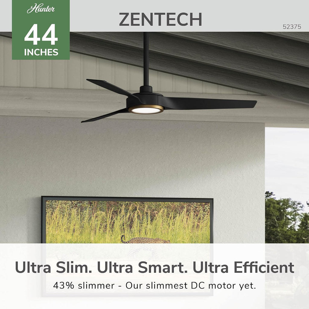Hunter 44' ZenTech Outdoor Smart Ceiling Fan, LED Light, Remote, Black | ENERGY STAR certified with Apple, Google, Alexa support and covered outdoor use for small rooms, offices, or porches.