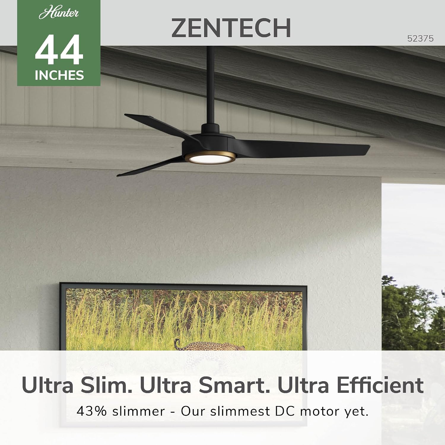 Hunter 44' ZenTech Outdoor Smart Ceiling Fan, LED Light, Remote, Black | ENERGY STAR certified with Apple, Google, Alexa support and covered outdoor use for small rooms, offices, or porches.