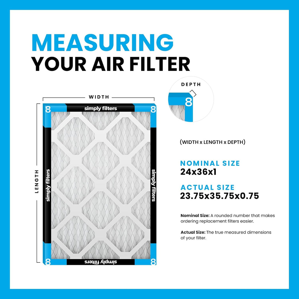 Simply 24x36x1 Air Filter, Merv 8, 6 Pack, For Home AC Furnace & HVAC (Actual Size: 23.75'x35.75'x0.75') DUST, Pet, & Allergy Control