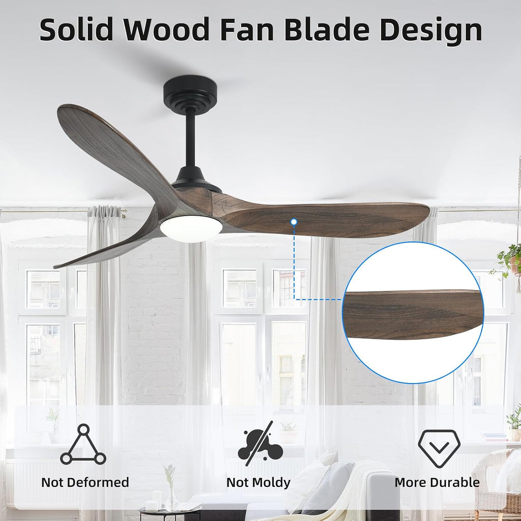 52' Outdoor Ceiling Fan with Light, Compatible with Alexa/Google, 3 Walnut Solid Wood Blade, Noiseless Reversible Dc Motor, Smart Outdoor Wood Ceiling Fan for Farmhouse Patios, Dark Brown