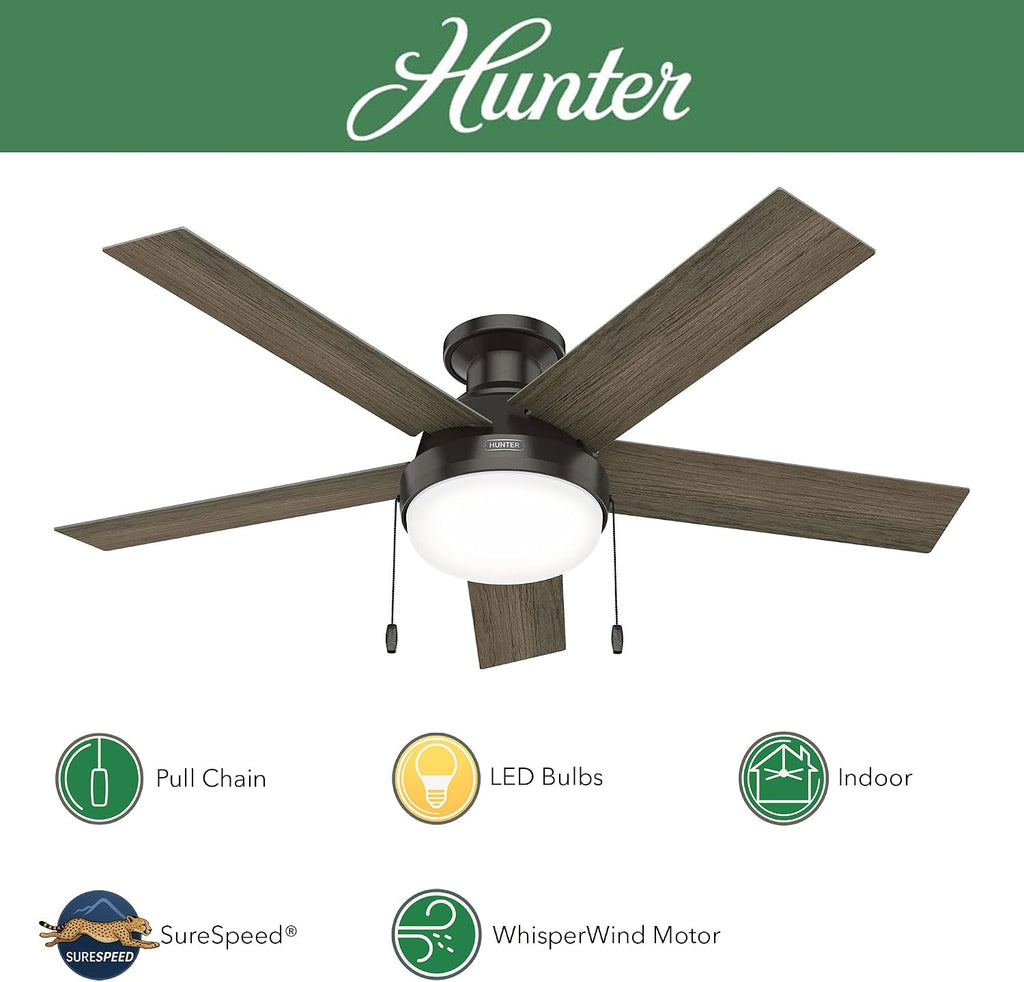 Hunter Fan 52 inch Low Profile Noble Bronze Indoor Ceiling Fan with LED Light Kit and Pull Chain (Renewed)