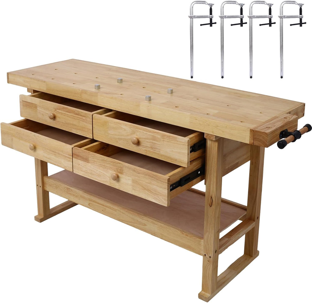 Wood Workbench, 60' Acacia Hardwood Workbench with 4 Drawer, Heavy Duty Work Bench Table, with 4 Bar Clamps Set 12' x 3' Throat, for Garage, Workshop, Home Storage