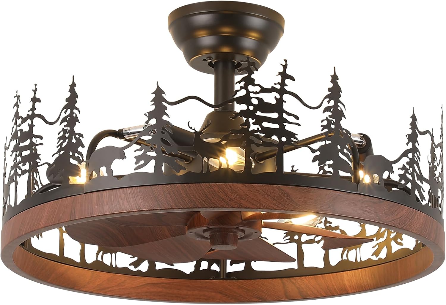 Farmhouse Rustic Ceiling Fan with Light and Remote, 21 Inch Flush Mount Vintage Bladeless Rustic Chandeliers Fan, Rustic Ceiling Fan for Living Room, Bedroom, Hallway, Entryway Lighting