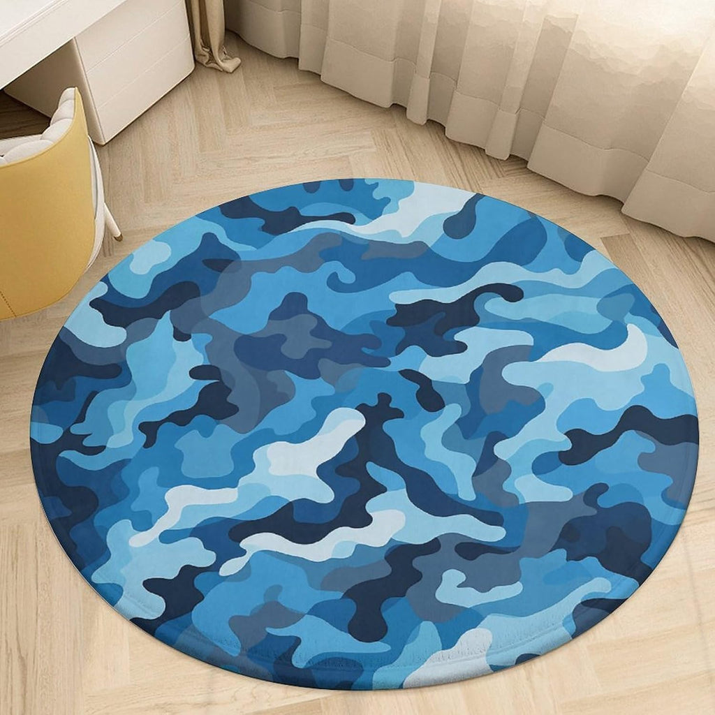 Blue Camouflage Pattern Coral Velvet Round Floor Mat Non-Slip Bath Rug Floor Covering for Bathroom Vanity Guest Suite & Vacation Home