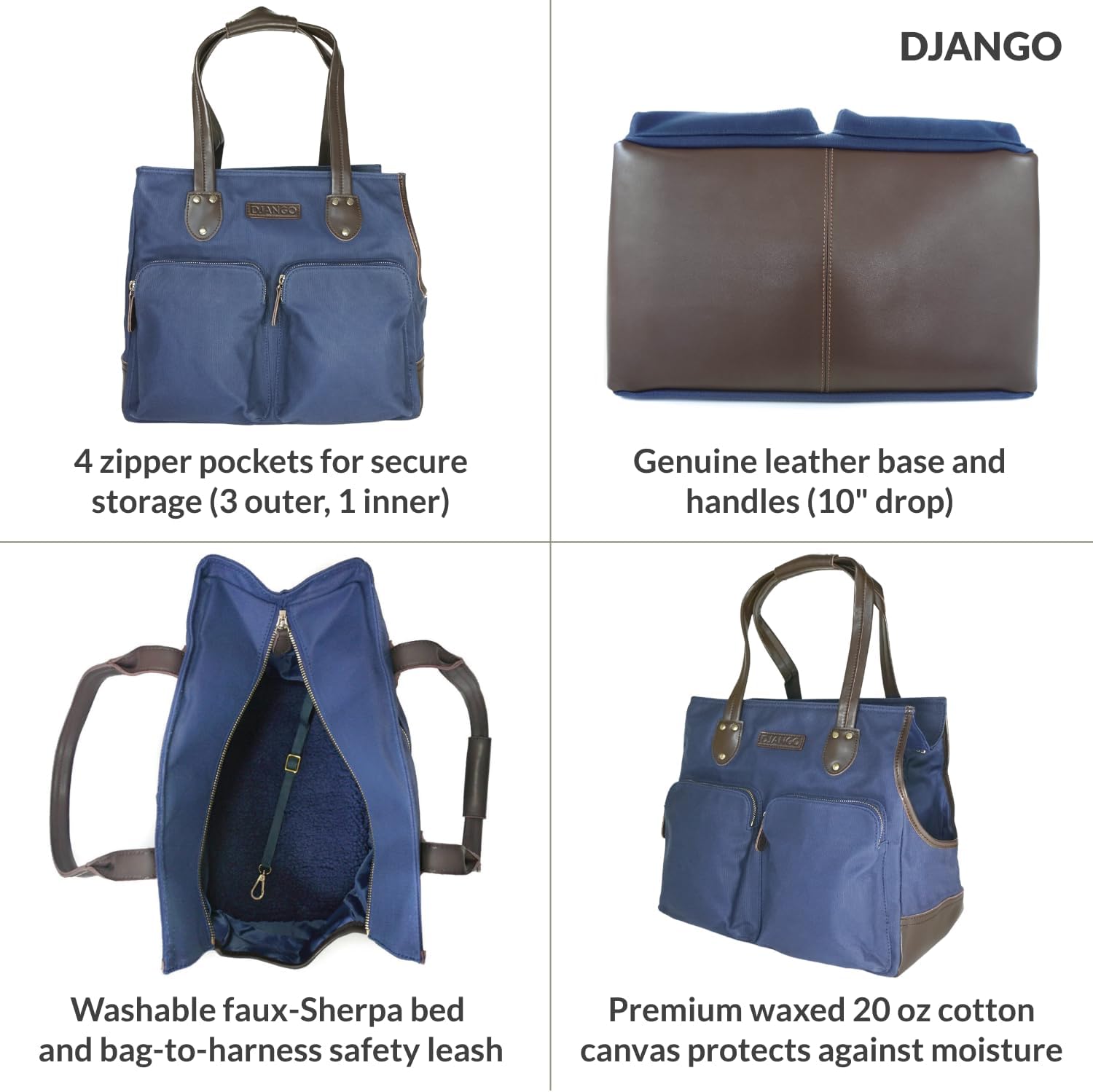 DJANGO Waxed Canvas & Leather Dog Carrier Tote Bag – Premium Soft-Sided Travel Dog Purse with Safety Leash, WR Lining, & Large Zipper Pockets – Everyday Pet Carrier for Small Dogs (Navy Blue, Medium)