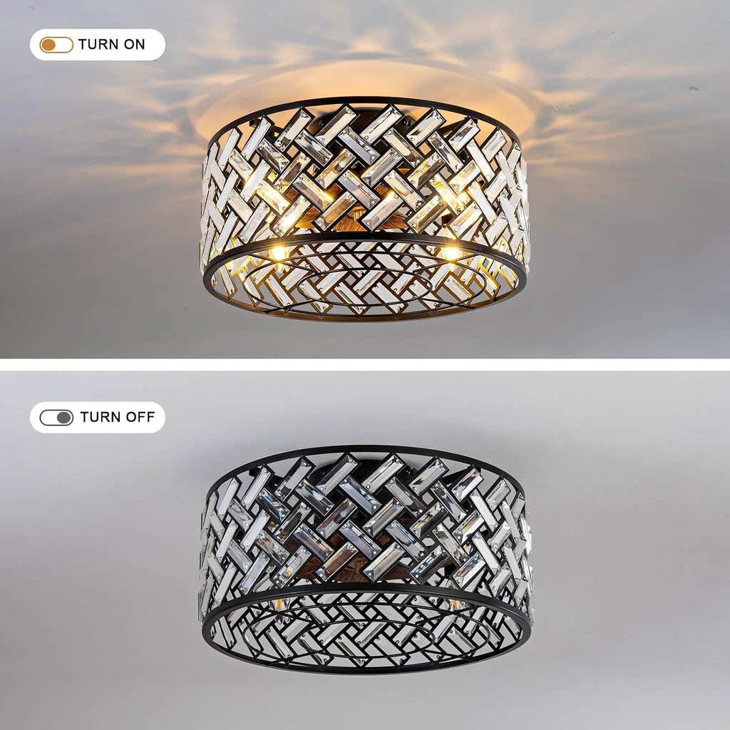 Modern Chandelier Crystal Ceiling Fans with Lights and Remote, 18.7-Inch Low Profile Bladeless Flush Mount Caged Ceiling Fan for Bedroom, Kitchen,Living Room,Small Ceiling Fan with Light with 6 Speed