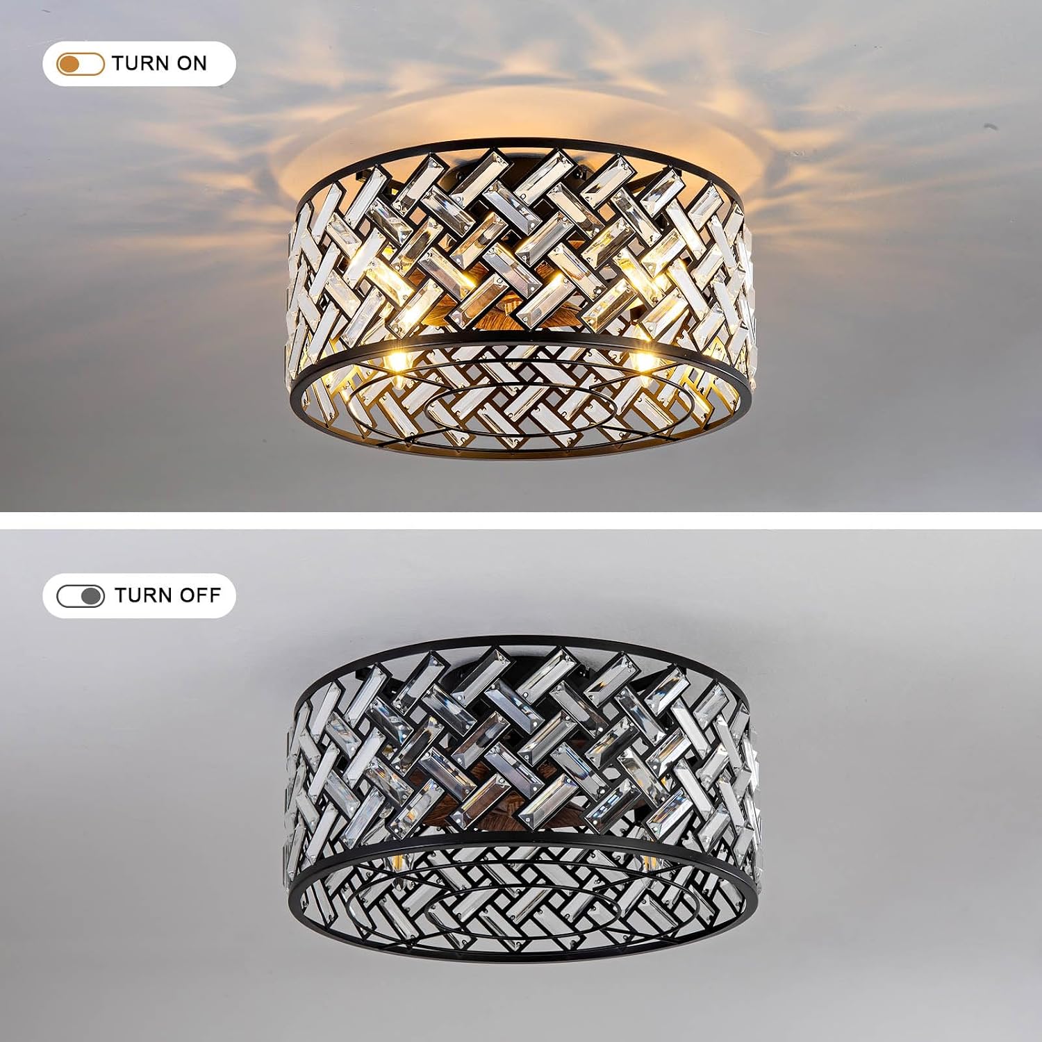 Modern Chandelier Crystal Ceiling Fans with Lights and Remote, 18.7-Inch Low Profile Bladeless Flush Mount Caged Ceiling Fan for Bedroom, Kitchen,Living Room,Small Ceiling Fan with Light with 6 Speed