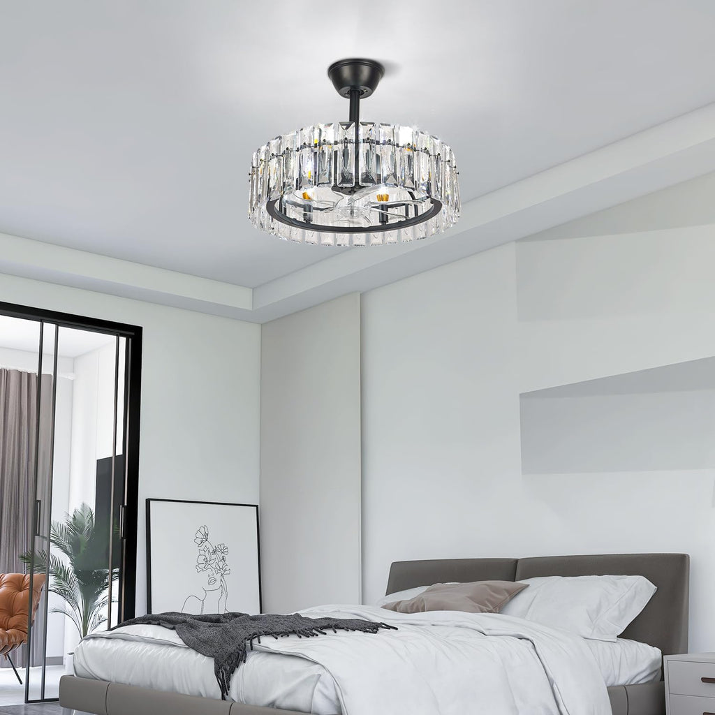 CLAIRDAI 20.7' Crystal Caged Ceiling Fan Black Fandelier Ceiling Fan with Lights and 6 Speed Retractable Ceiling Fans for Bedroom Living Room (6*E12, Bulbs not Included)