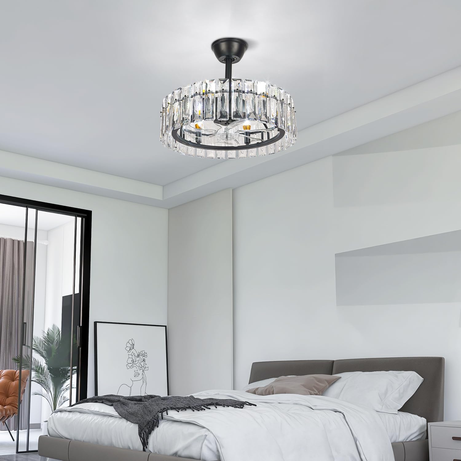 CLAIRDAI 20.7' Crystal Caged Ceiling Fan Black Fandelier Ceiling Fan with Lights and 6 Speed Retractable Ceiling Fans for Bedroom Living Room (6*E12, Bulbs not Included)