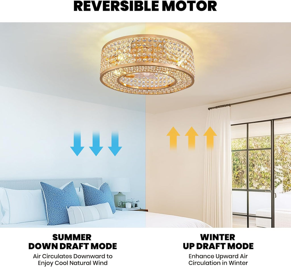 20' Caged Crystal Ceiling Fan with Lights Flush Mount Gold Fandelier Low Profile Chandelier Fan Enclosed Ceiling Fan Light Fixtures with Reversible Motor for Bedroom Kitchen Living Room