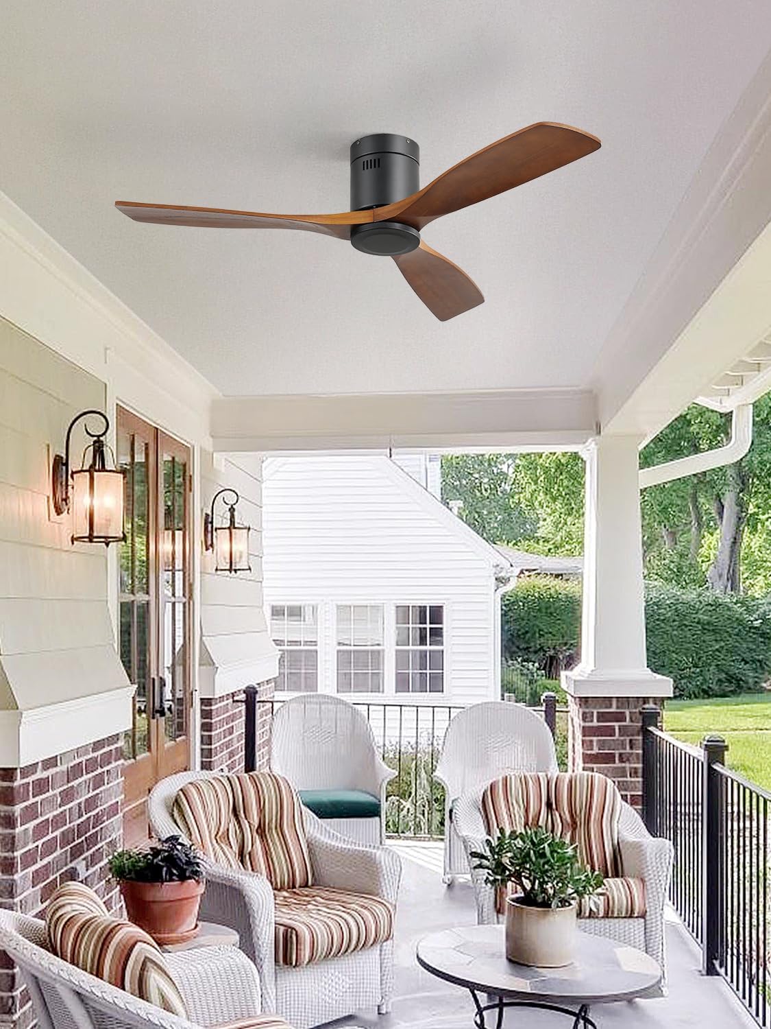 Sofucor Ceiling Fan no Lights, 52 Inch Low Profile Flush Mount Wood Ceiling Fan with Remote for Indoor Farmhouse Bedroom Living Room Outdoor Patio Porch, 3 Blades, Reversible DC Motor, Noiseless