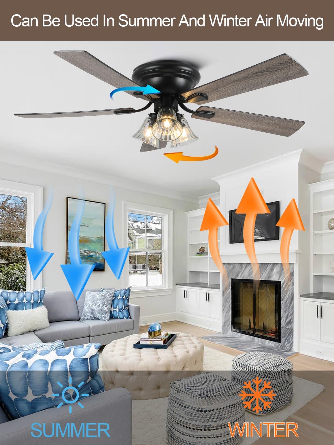 52' Flush Mount Farmhouse Ceiling Fan with Lights and Remote, Rustic Vintage Ceiling Fan Antique Fandelier 3-Lights 5 Reversible Blades Chandelier for Bedroom Living Room Dining Room