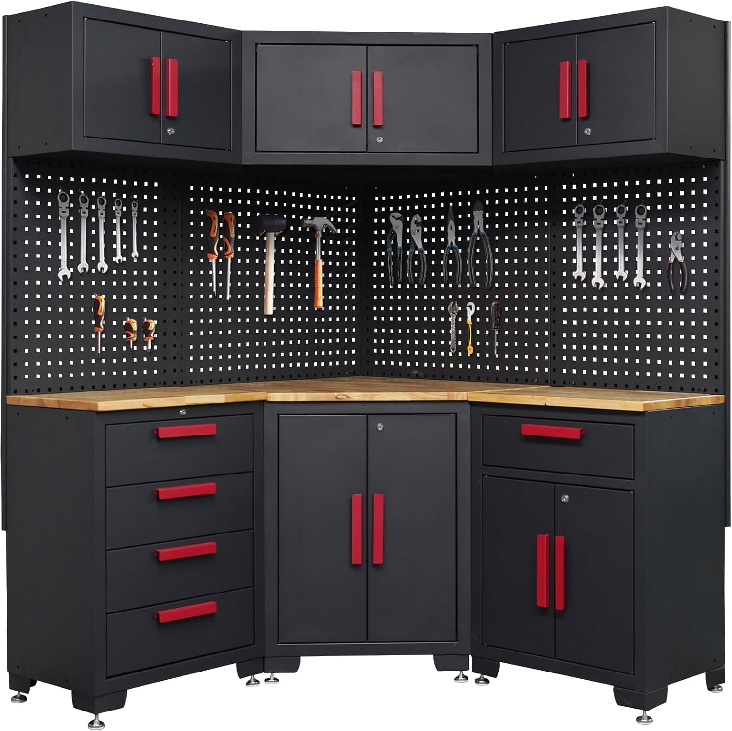 Corner Workshop Set,10Pcs Garage Cabinets and Storage System with Corner Cabinet, Cabinet Drawers, Workbench, Pegboard for Tool Organization, Red Handle