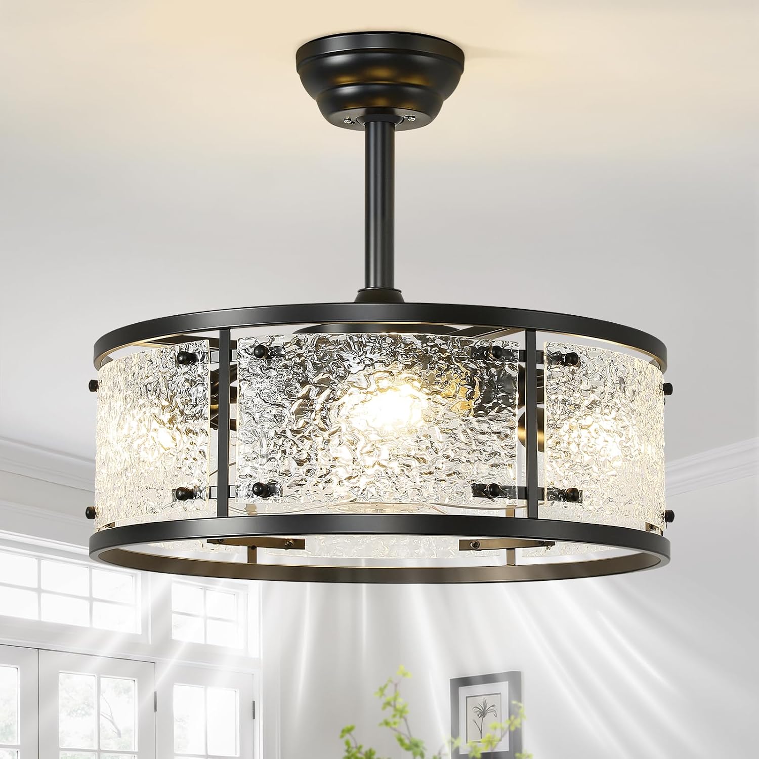 AIJIASI 20' Caged Ceiling Fans with Lights, Black Fandelier Ceiling Fan with Light Remote Control, Low Profile Mid Century Chandelier Ceiling Fan with 6 Speeds for Bedroom, Nursery, Living Room