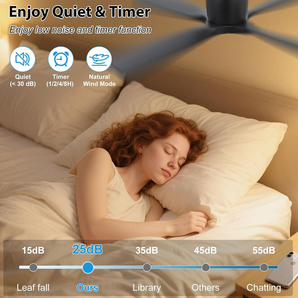 WINGBO 54 Inch Ceiling Fan Without Light, Solid Wood Flush Mount Ceiling Fan with Remote Control, Reversible DC Motor, 4 Blades, 6-Speed Quiet Performance, for Bedroom & Living Room, Black